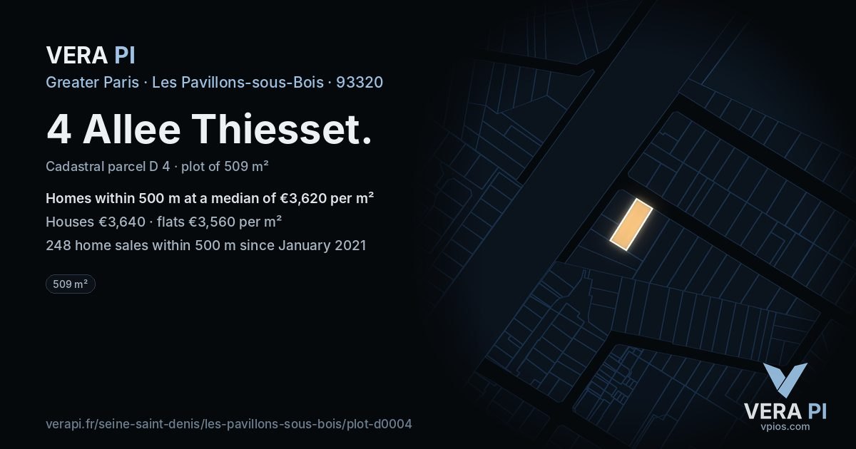 4 Allee Thiesset, Les Pavillons-sous-Bois at night – the plot lit, the parcels around coloured by the prices near them