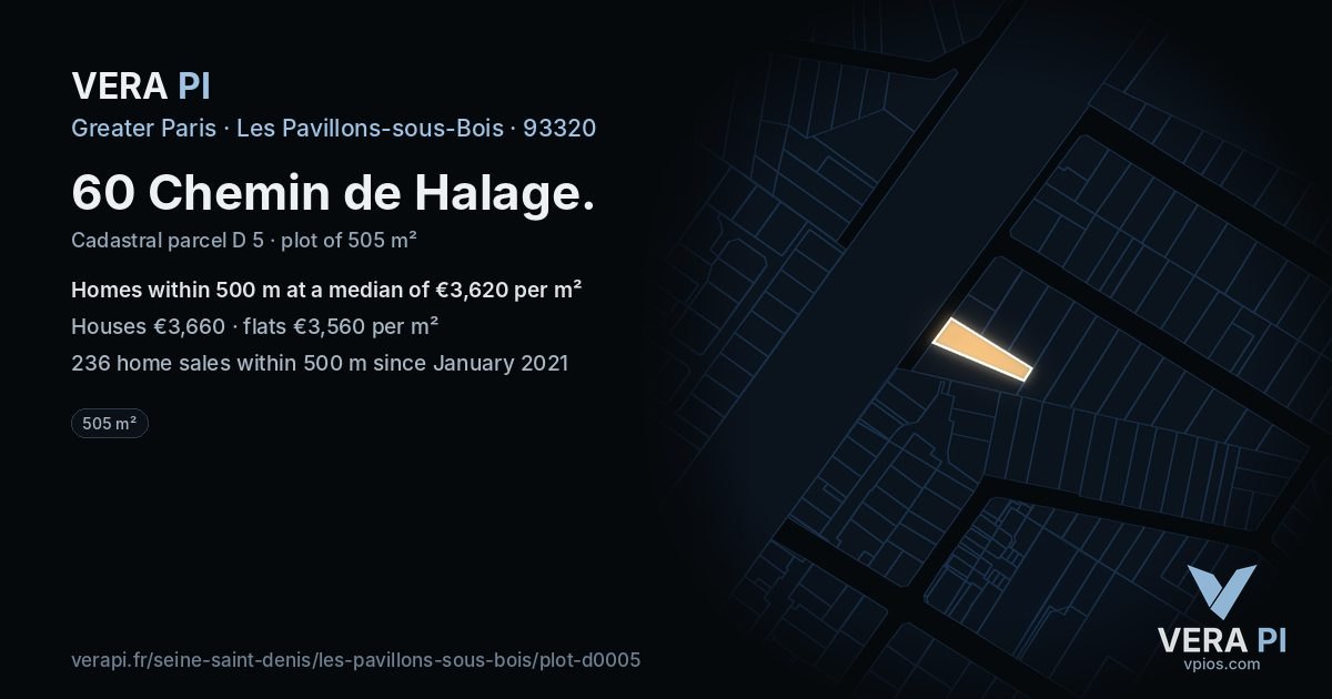 60 Chemin de Halage, Les Pavillons-sous-Bois at night – the plot lit, the parcels around coloured by the prices near them