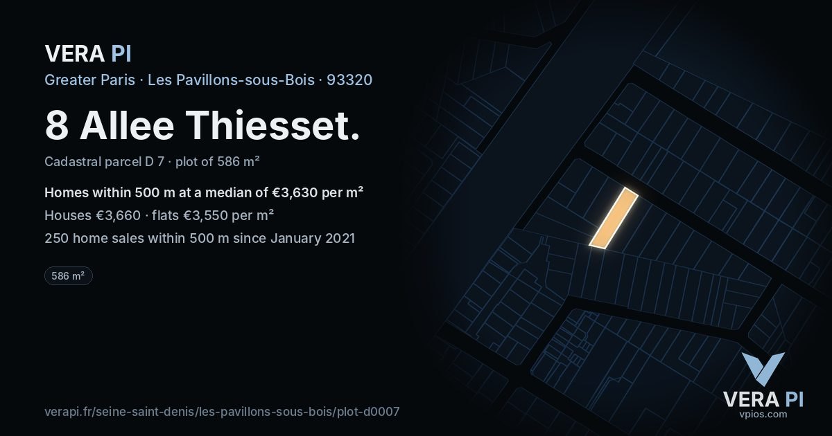 8 Allee Thiesset, Les Pavillons-sous-Bois at night – the plot lit, the parcels around coloured by the prices near them