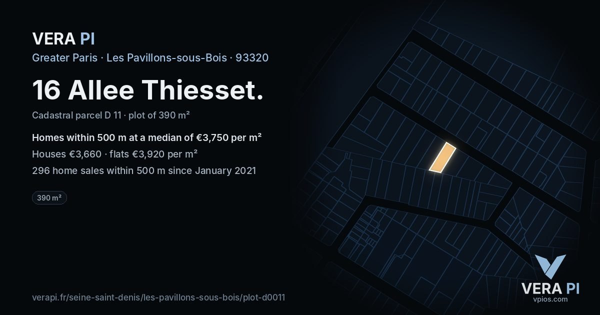 16 Allee Thiesset, Les Pavillons-sous-Bois at night – the plot lit, the parcels around coloured by the prices near them