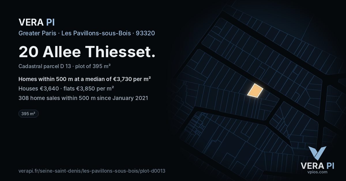 20 Allee Thiesset, Les Pavillons-sous-Bois at night – the plot lit, the parcels around coloured by the prices near them