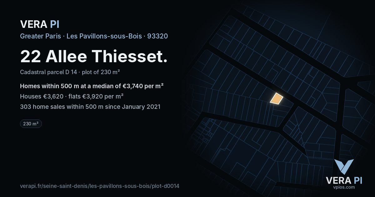 22 Allee Thiesset, Les Pavillons-sous-Bois at night – the plot lit, the parcels around coloured by the prices near them