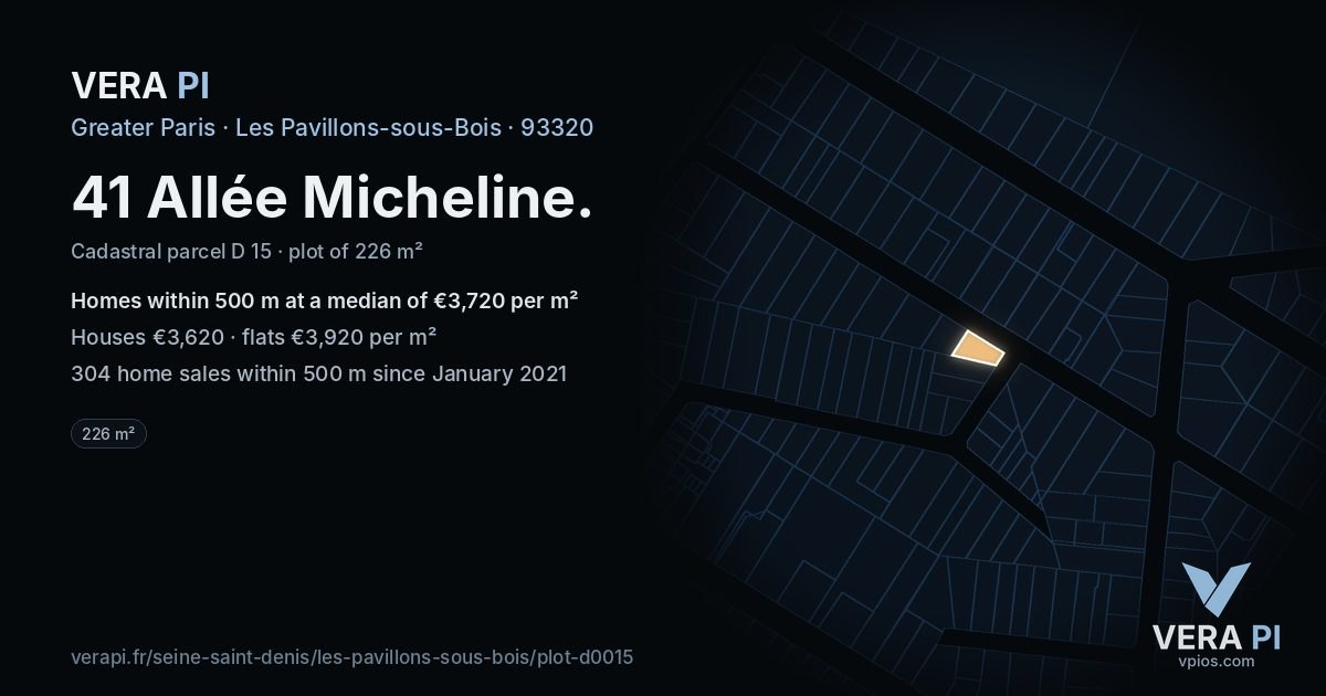 41 Allée Micheline, Les Pavillons-sous-Bois at night – the plot lit, the parcels around coloured by the prices near them
