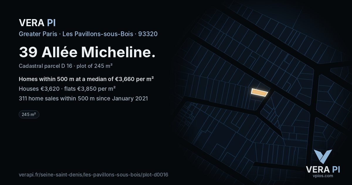 39 Allée Micheline, Les Pavillons-sous-Bois at night – the plot lit, the parcels around coloured by the prices near them