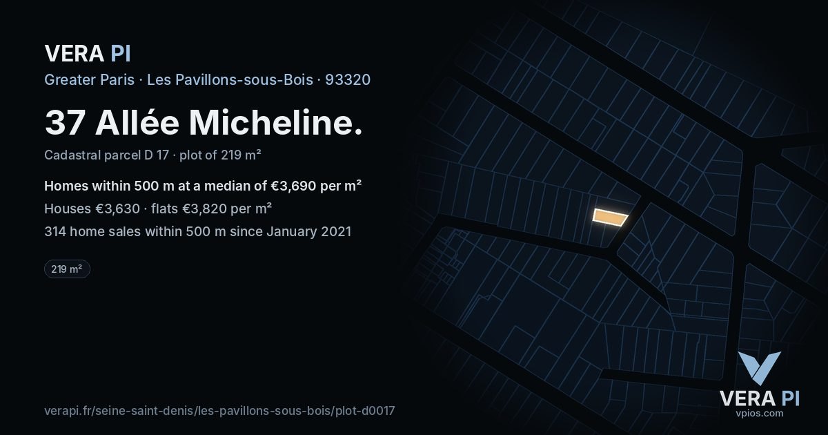 37 Allée Micheline, Les Pavillons-sous-Bois at night – the plot lit, the parcels around coloured by the prices near them