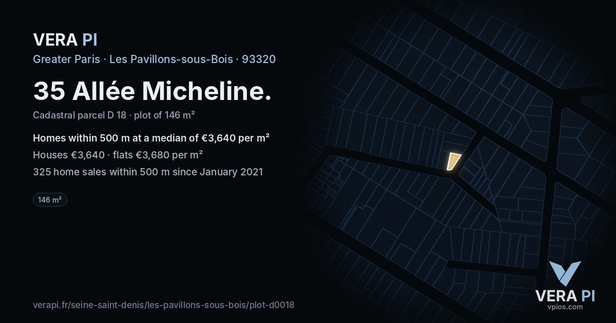 35 Allée Micheline, Les Pavillons-sous-Bois at night – the plot lit, the parcels around coloured by the prices near them