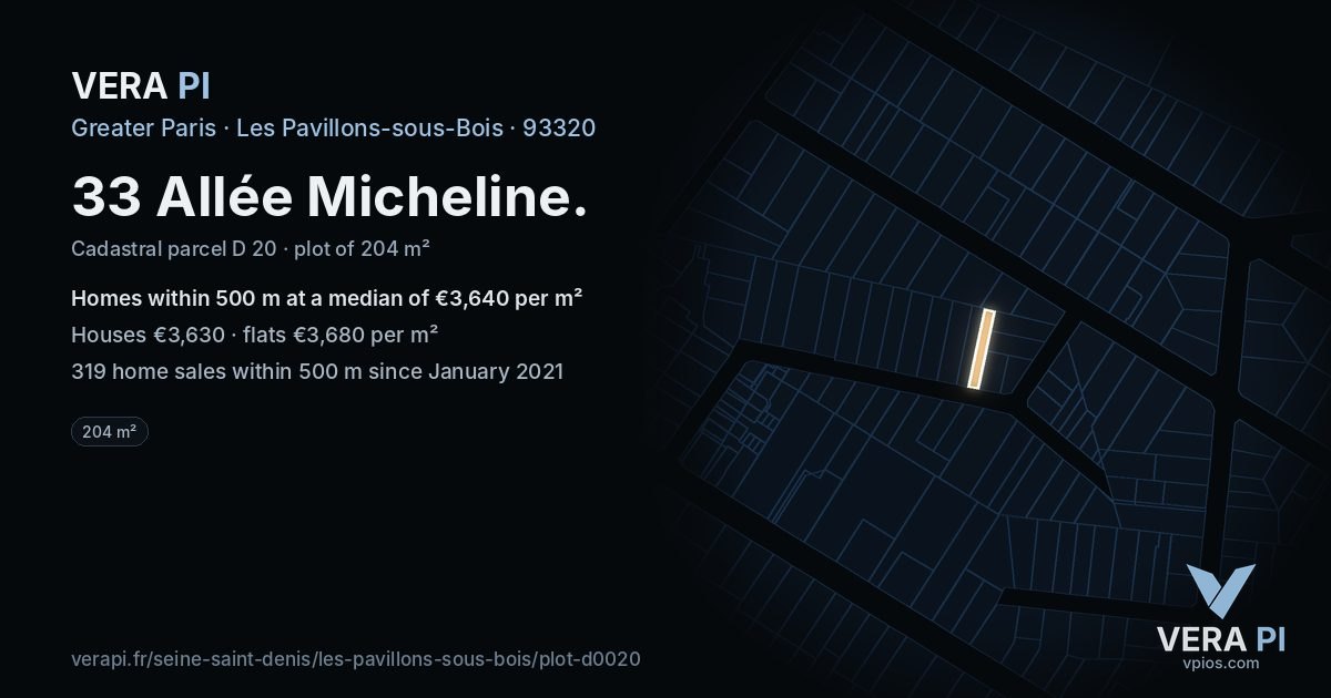 33 Allée Micheline, Les Pavillons-sous-Bois at night – the plot lit, the parcels around coloured by the prices near them