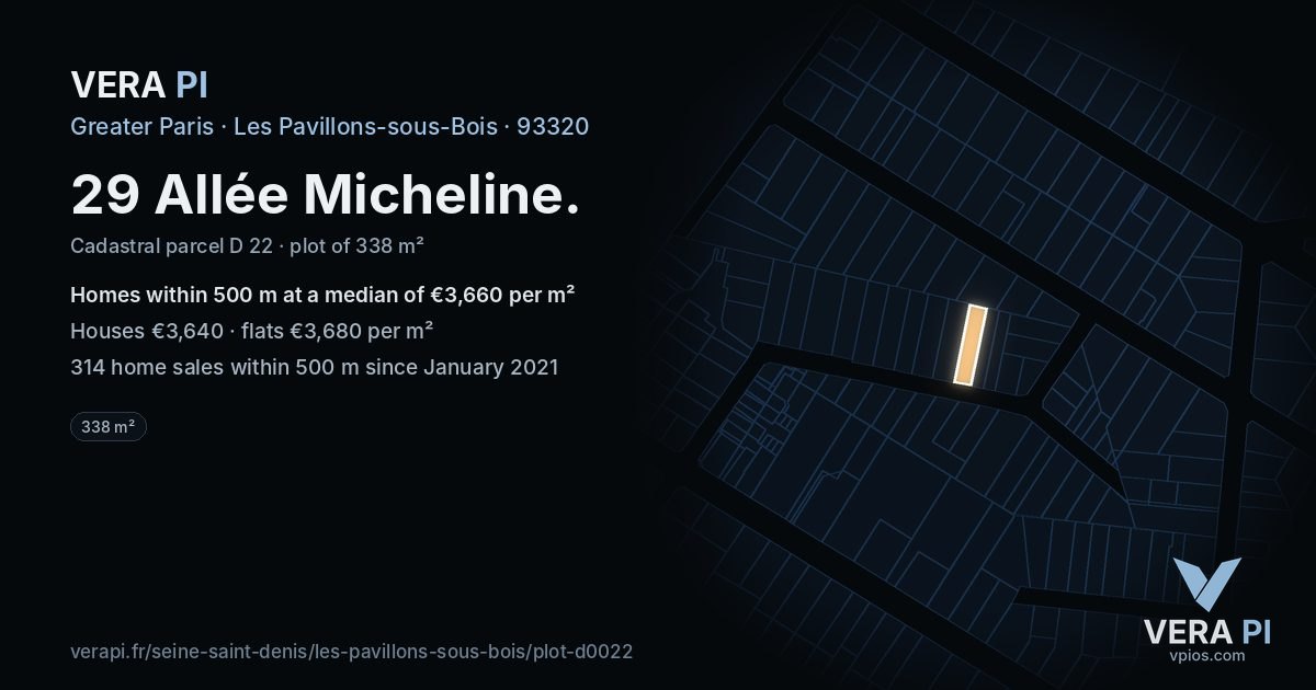29 Allée Micheline, Les Pavillons-sous-Bois at night – the plot lit, the parcels around coloured by the prices near them