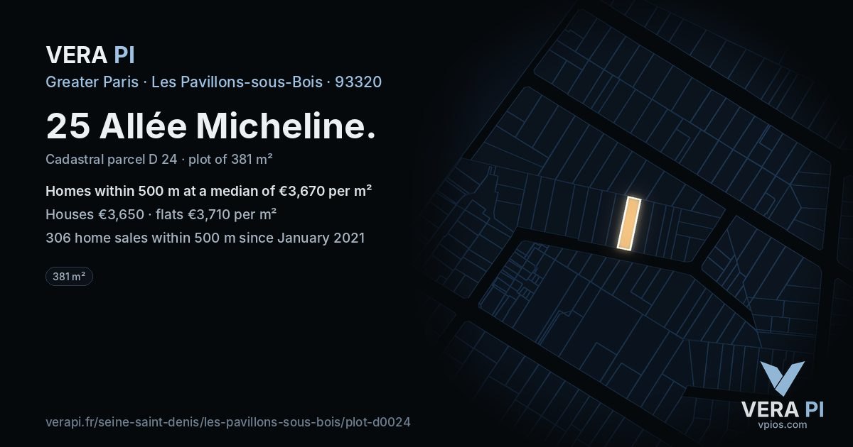 25 Allée Micheline, Les Pavillons-sous-Bois at night – the plot lit, the parcels around coloured by the prices near them