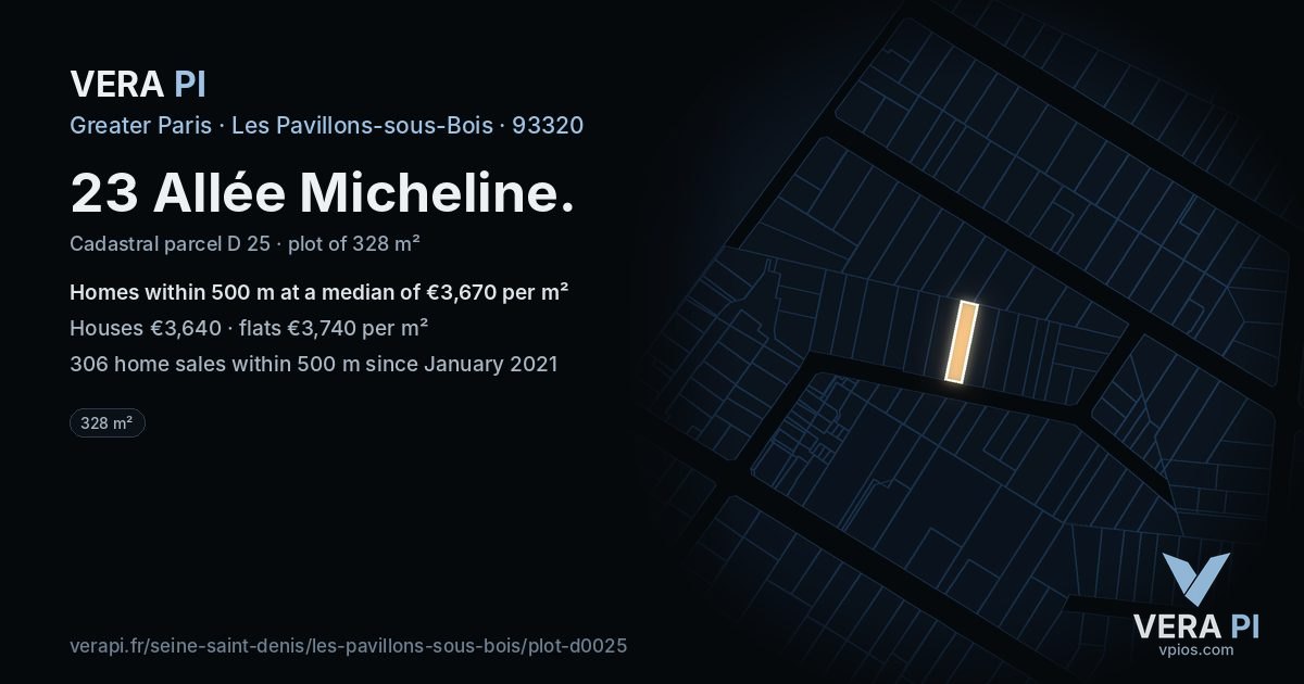 23 Allée Micheline, Les Pavillons-sous-Bois at night – the plot lit, the parcels around coloured by the prices near them