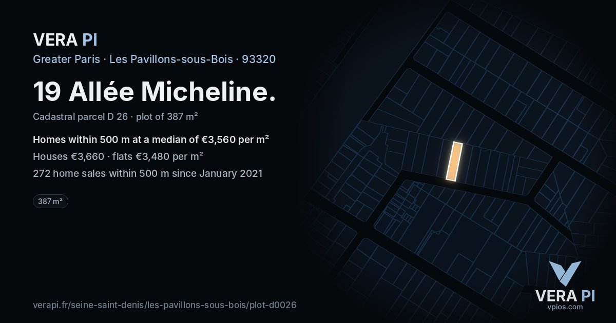19 Allée Micheline, Les Pavillons-sous-Bois at night – the plot lit, the parcels around coloured by the prices near them