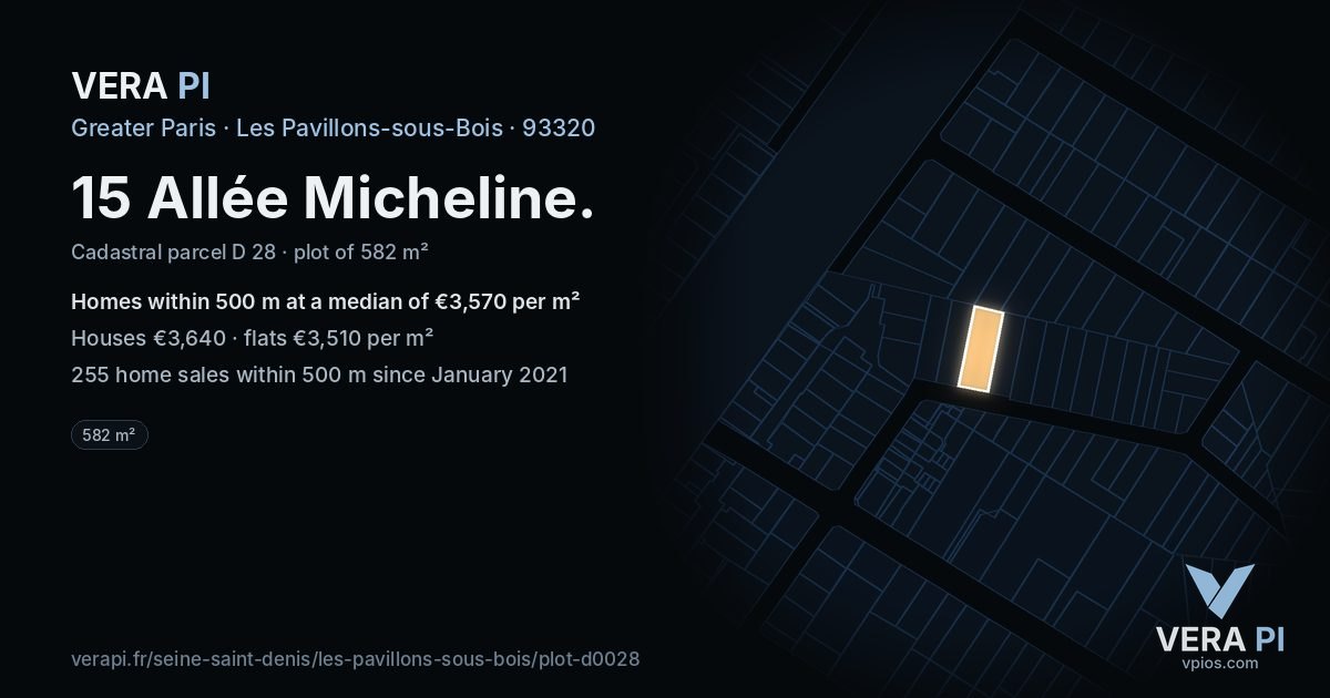 15 Allée Micheline, Les Pavillons-sous-Bois at night – the plot lit, the parcels around coloured by the prices near them