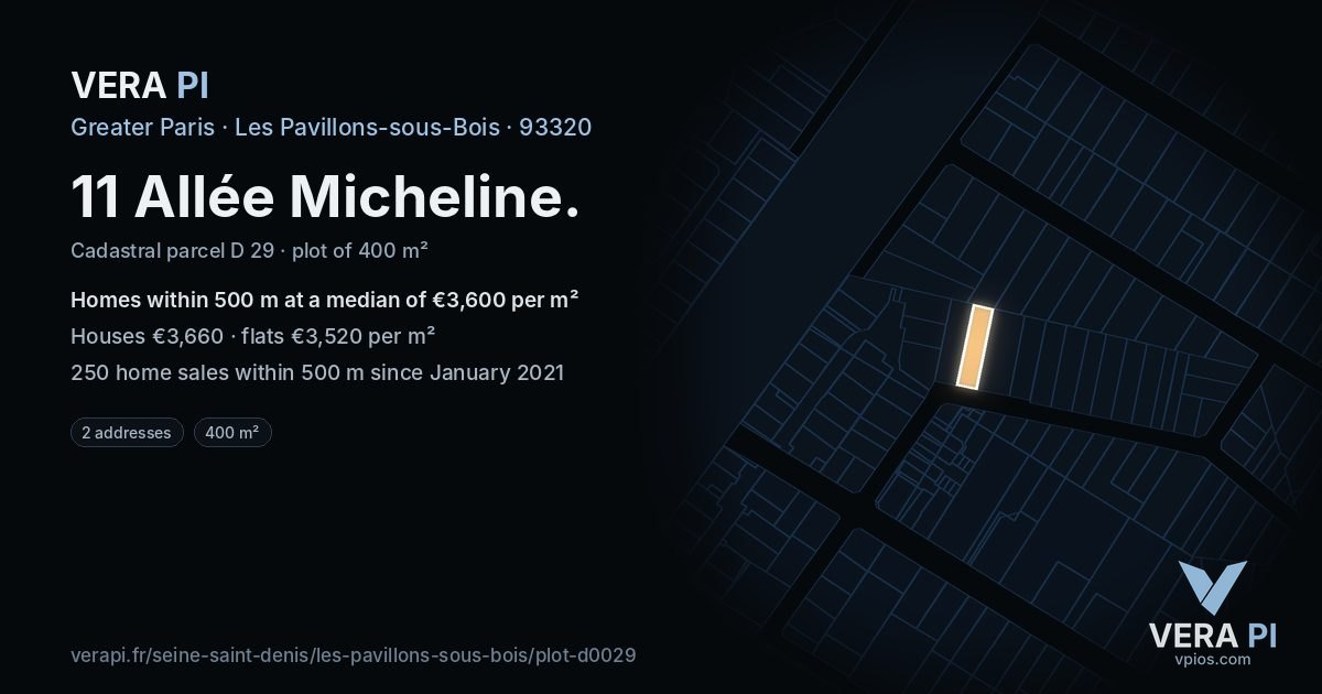 11 Allée Micheline, Les Pavillons-sous-Bois at night – the plot lit, the parcels around coloured by the prices near them