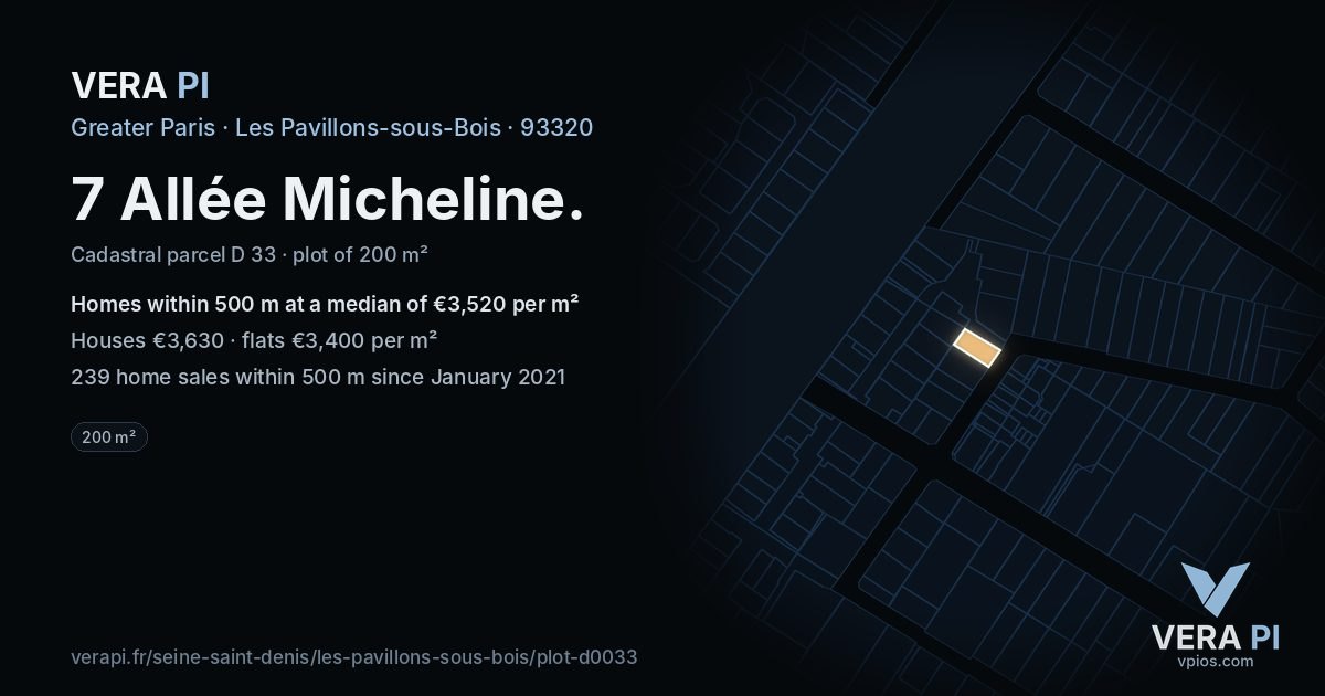 7 Allée Micheline, Les Pavillons-sous-Bois at night – the plot lit, the parcels around coloured by the prices near them