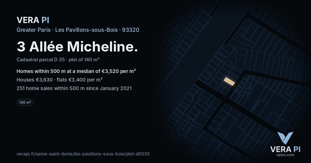 3 Allée Micheline, Les Pavillons-sous-Bois at night – the plot lit, the parcels around coloured by the prices near them