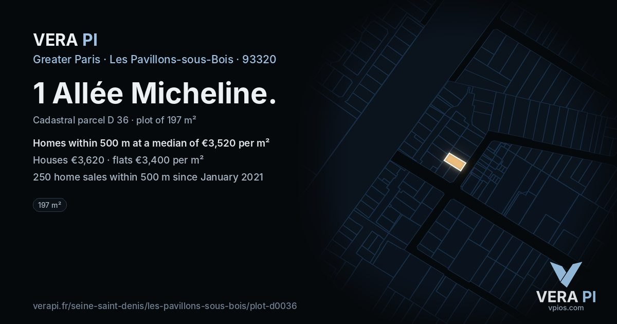 1 Allée Micheline, Les Pavillons-sous-Bois at night – the plot lit, the parcels around coloured by the prices near them