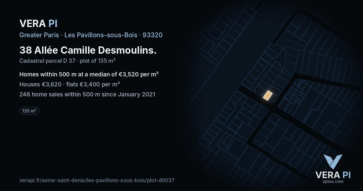 38 Allée Camille Desmoulins, Les Pavillons-sous-Bois at night – the plot lit, the parcels around coloured by the prices near them