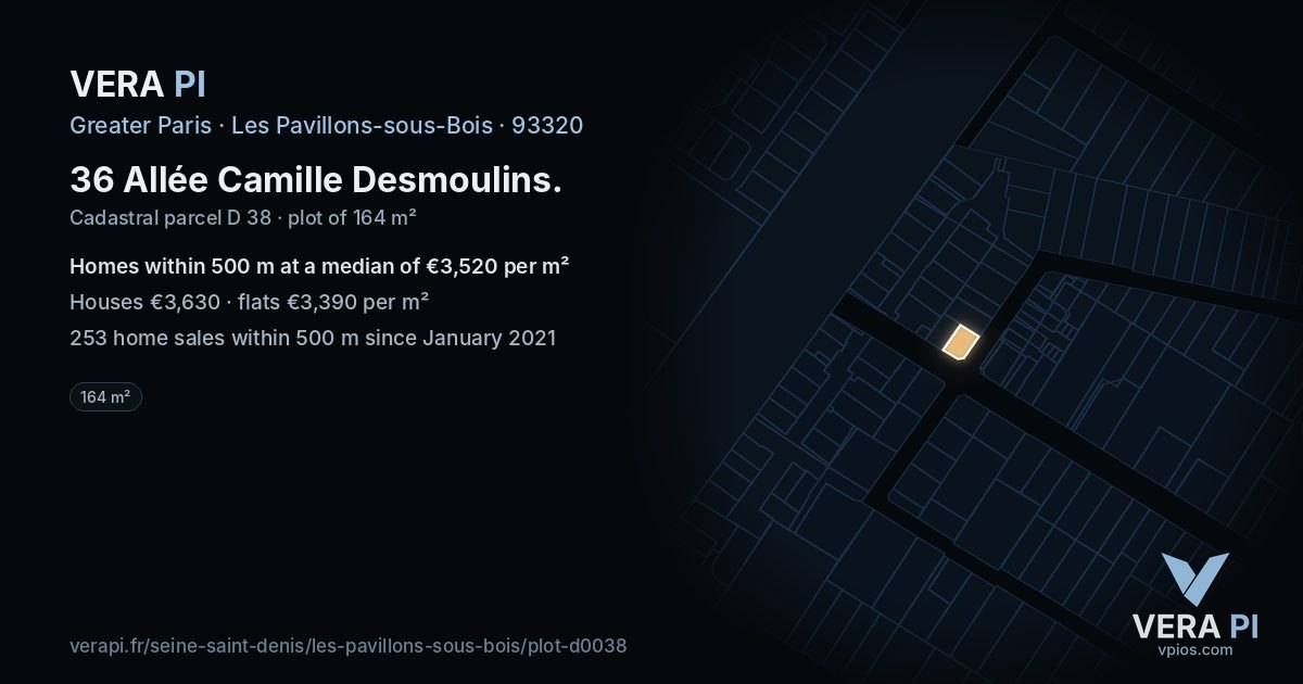 36 Allée Camille Desmoulins, Les Pavillons-sous-Bois at night – the plot lit, the parcels around coloured by the prices near them