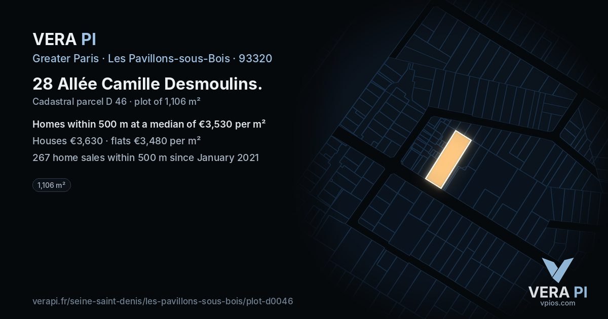 28 Allée Camille Desmoulins, Les Pavillons-sous-Bois at night – the plot lit, the parcels around coloured by the prices near them