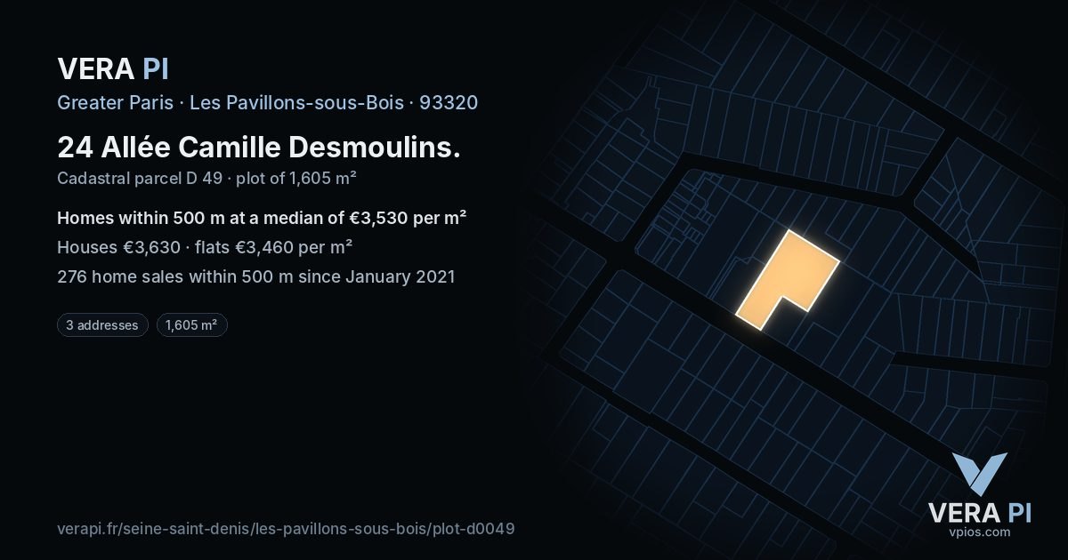24 Allée Camille Desmoulins, Les Pavillons-sous-Bois at night – the plot lit, the parcels around coloured by the prices near them