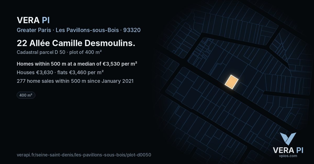 22 Allée Camille Desmoulins, Les Pavillons-sous-Bois at night – the plot lit, the parcels around coloured by the prices near them