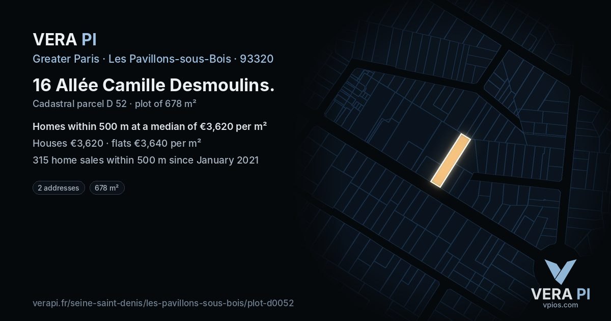 16 Allée Camille Desmoulins, Les Pavillons-sous-Bois at night – the plot lit, the parcels around coloured by the prices near them