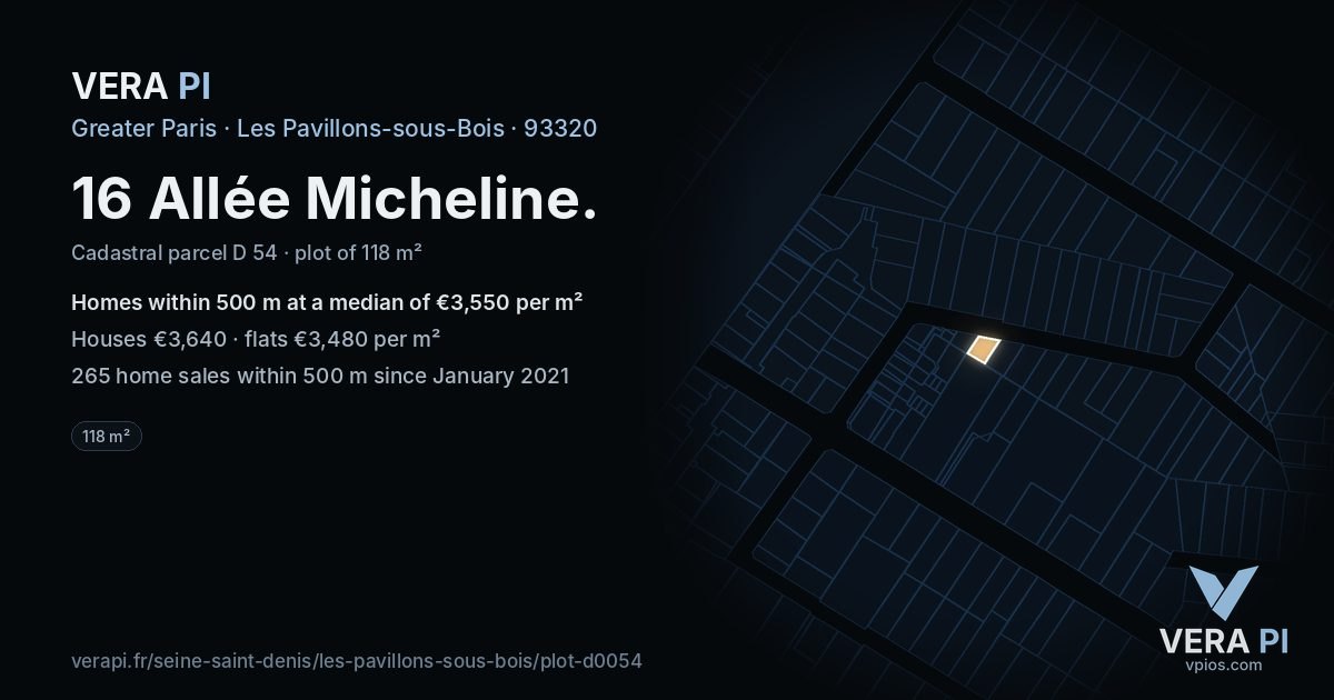 16 Allée Micheline, Les Pavillons-sous-Bois at night – the plot lit, the parcels around coloured by the prices near them