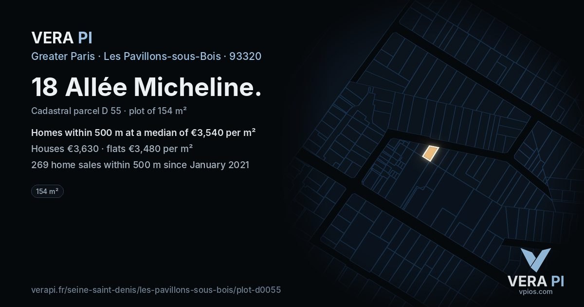 18 Allée Micheline, Les Pavillons-sous-Bois at night – the plot lit, the parcels around coloured by the prices near them