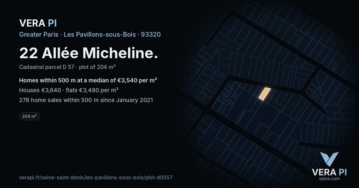 22 Allée Micheline, Les Pavillons-sous-Bois at night – the plot lit, the parcels around coloured by the prices near them