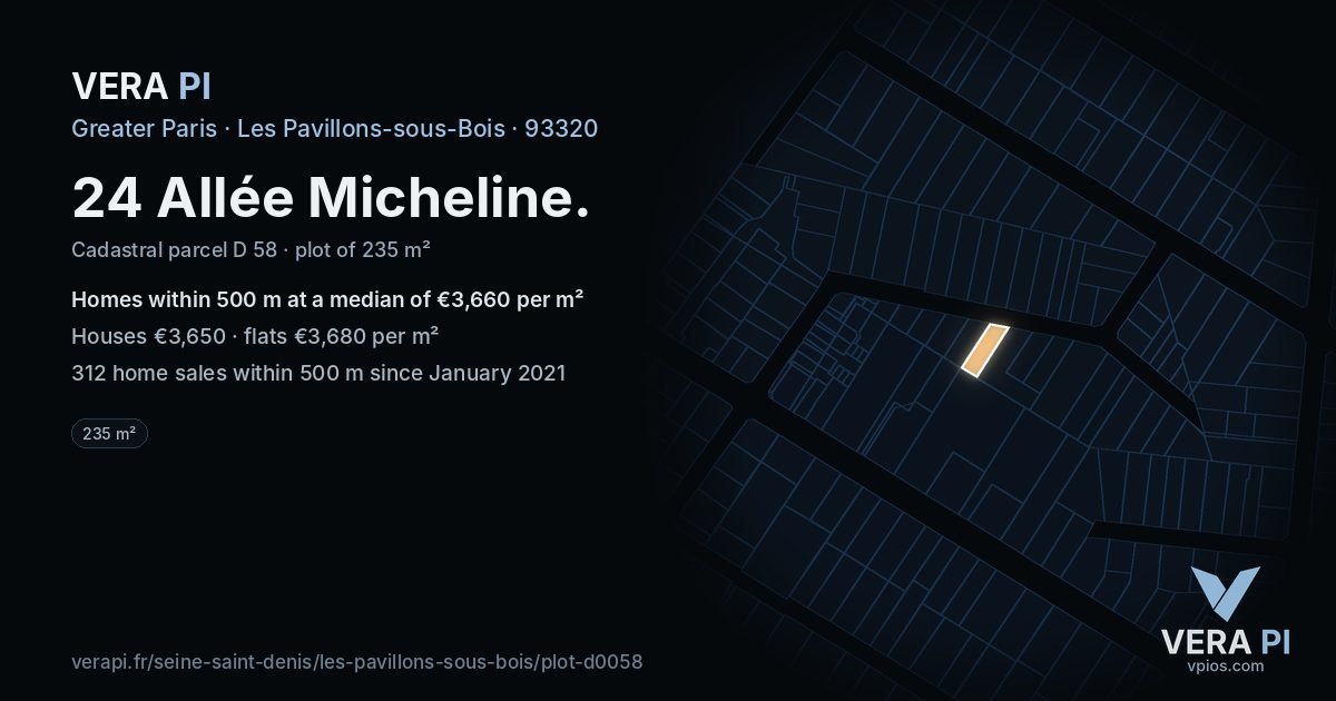 24 Allée Micheline, Les Pavillons-sous-Bois at night – the plot lit, the parcels around coloured by the prices near them