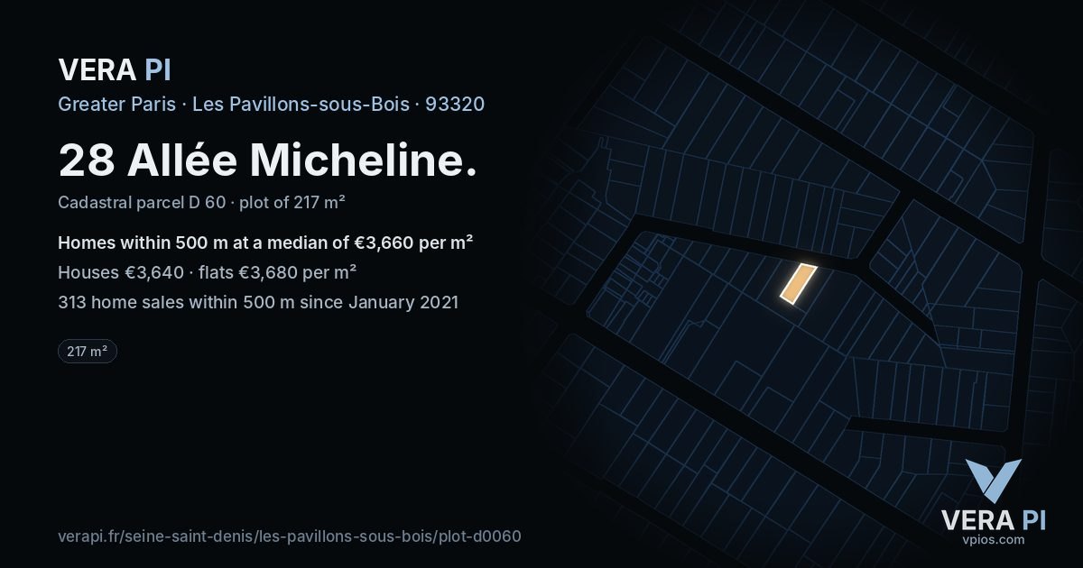 28 Allée Micheline, Les Pavillons-sous-Bois at night – the plot lit, the parcels around coloured by the prices near them