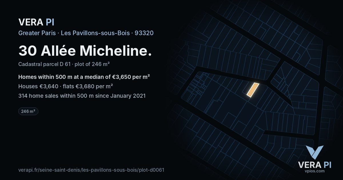 30 Allée Micheline, Les Pavillons-sous-Bois at night – the plot lit, the parcels around coloured by the prices near them