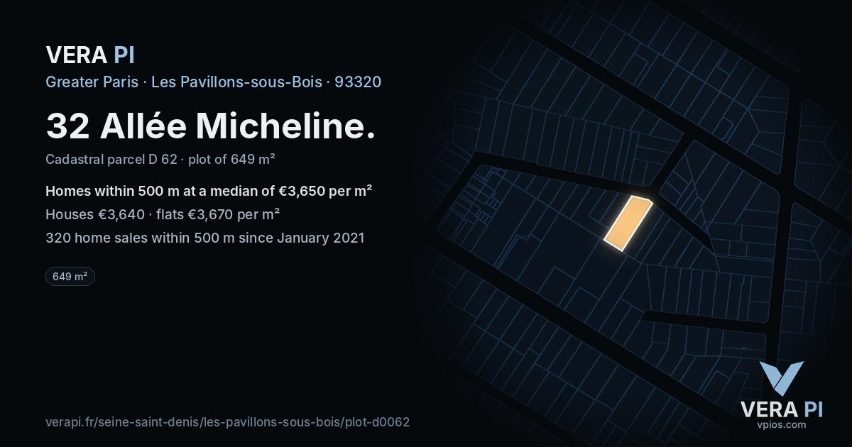 32 Allée Micheline, Les Pavillons-sous-Bois at night – the plot lit, the parcels around coloured by the prices near them