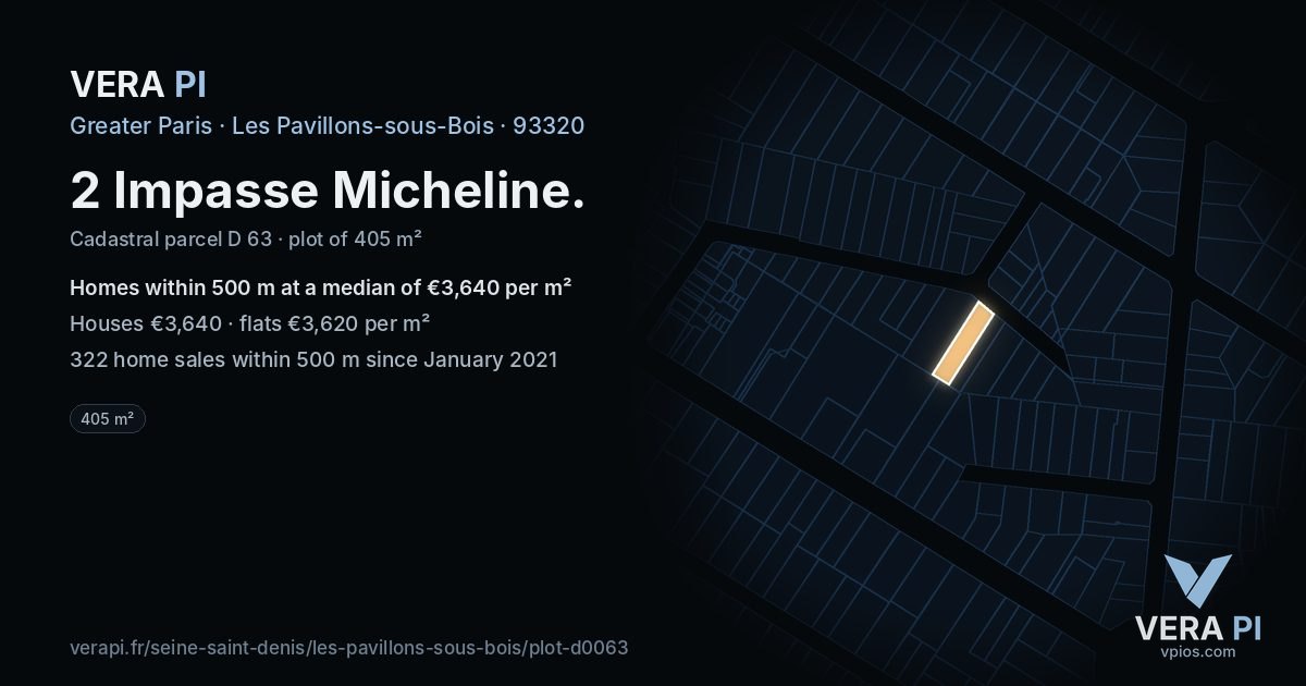 2 Impasse Micheline, Les Pavillons-sous-Bois at night – the plot lit, the parcels around coloured by the prices near them