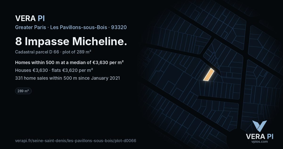 8 Impasse Micheline, Les Pavillons-sous-Bois at night – the plot lit, the parcels around coloured by the prices near them