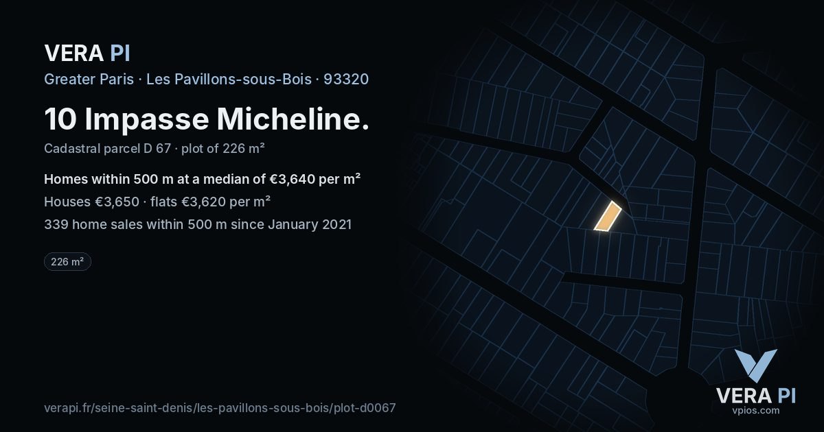 10 Impasse Micheline, Les Pavillons-sous-Bois at night – the plot lit, the parcels around coloured by the prices near them