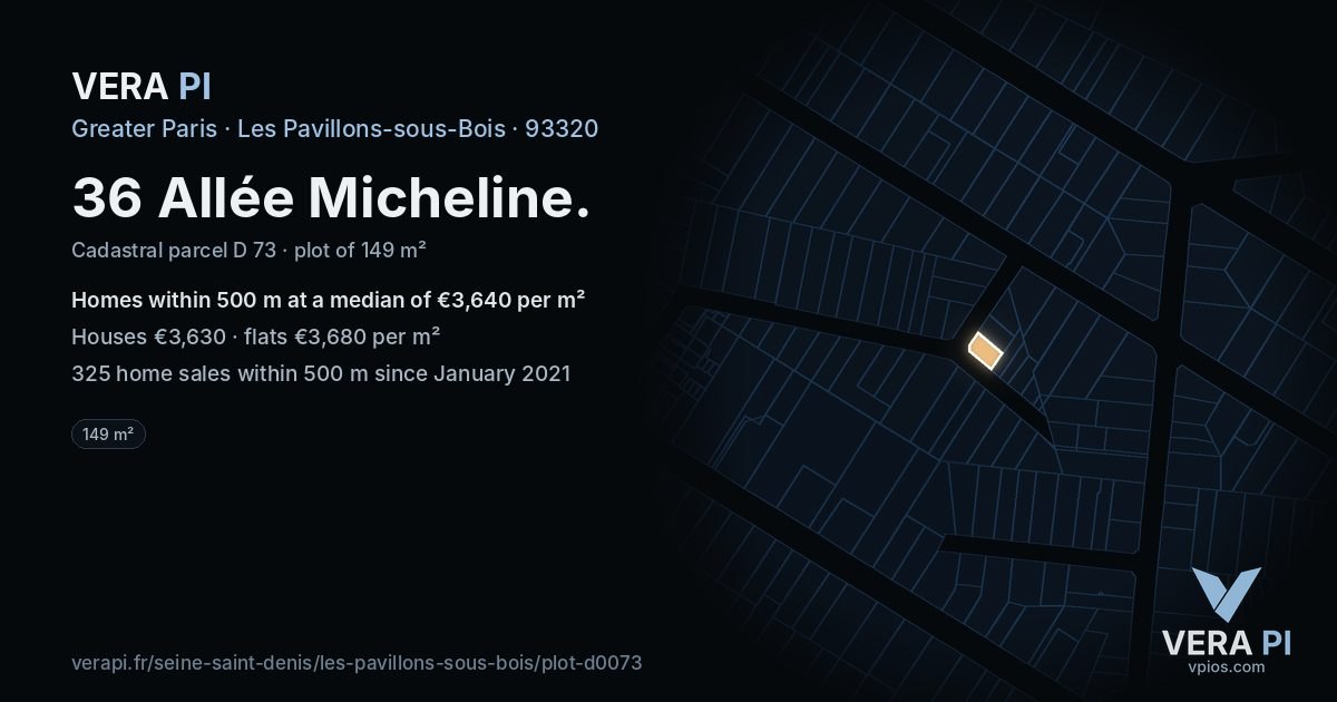 36 Allée Micheline, Les Pavillons-sous-Bois at night – the plot lit, the parcels around coloured by the prices near them