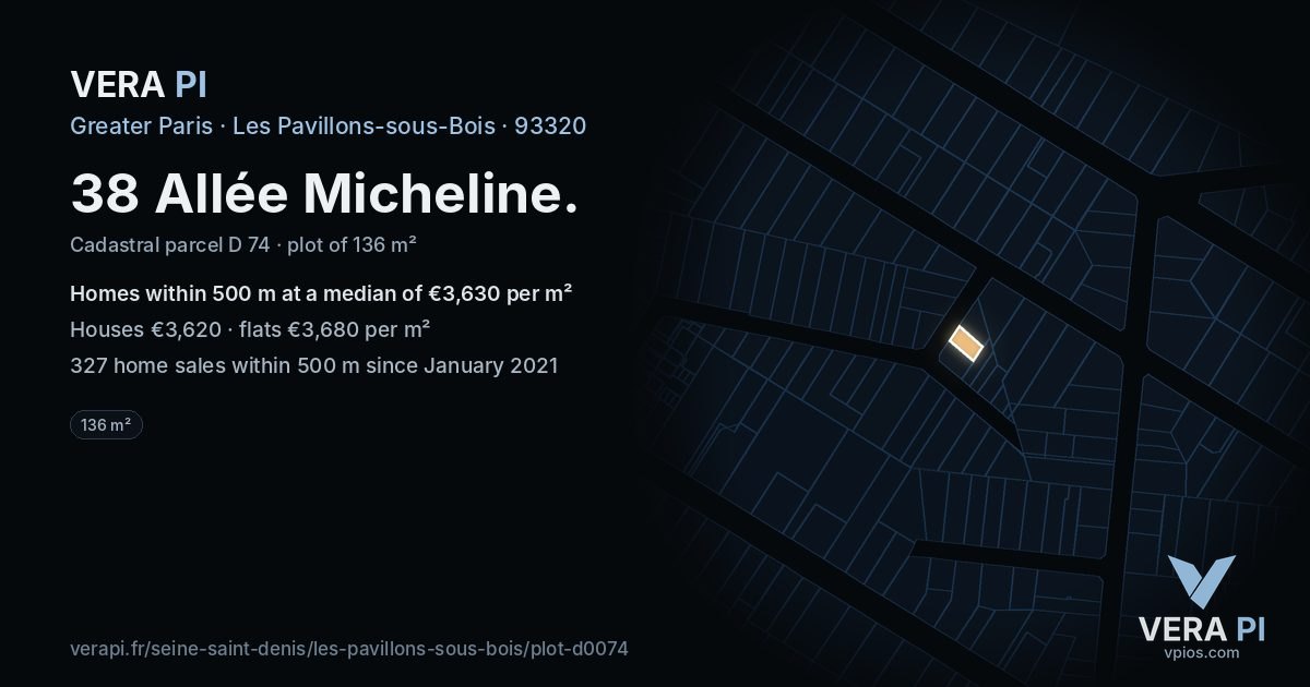 38 Allée Micheline, Les Pavillons-sous-Bois at night – the plot lit, the parcels around coloured by the prices near them