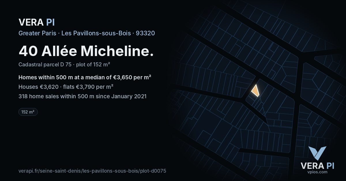 40 Allée Micheline, Les Pavillons-sous-Bois at night – the plot lit, the parcels around coloured by the prices near them