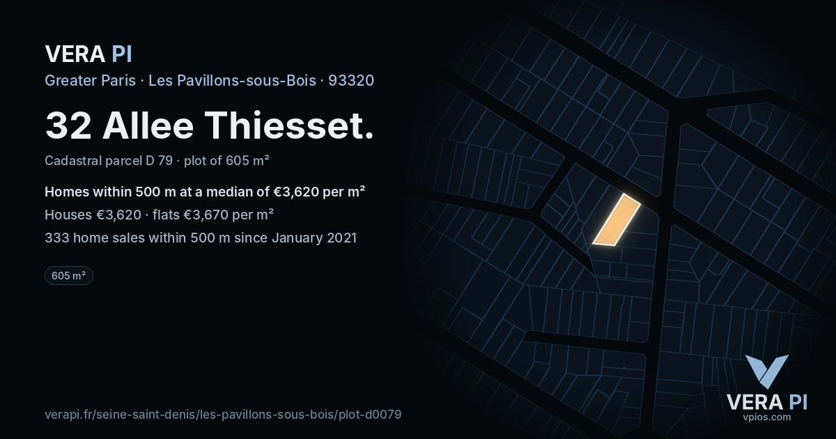 32 Allee Thiesset, Les Pavillons-sous-Bois at night – the plot lit, the parcels around coloured by the prices near them