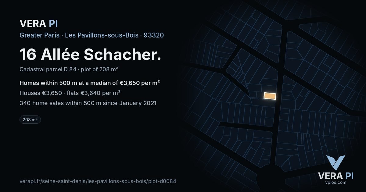16 Allée Schacher, Les Pavillons-sous-Bois at night – the plot lit, the parcels around coloured by the prices near them
