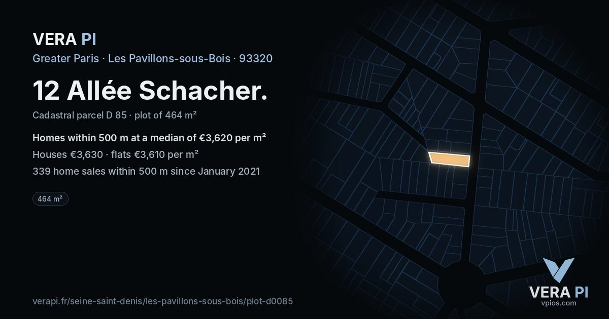 12 Allée Schacher, Les Pavillons-sous-Bois at night – the plot lit, the parcels around coloured by the prices near them
