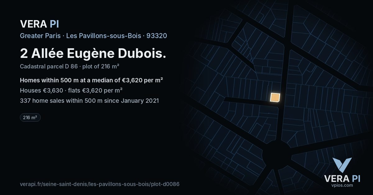 2 Allée Eugène Dubois, Les Pavillons-sous-Bois at night – the plot lit, the parcels around coloured by the prices near them
