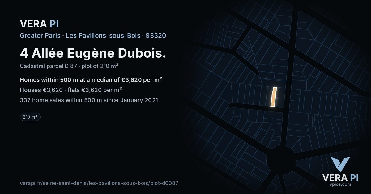 4 Allée Eugène Dubois, Les Pavillons-sous-Bois at night – the plot lit, the parcels around coloured by the prices near them