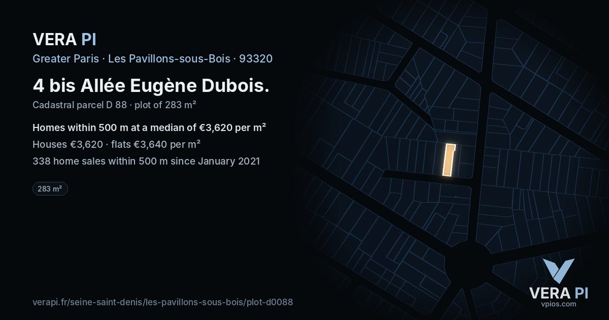 4 bis Allée Eugène Dubois, Les Pavillons-sous-Bois at night – the plot lit, the parcels around coloured by the prices near them
