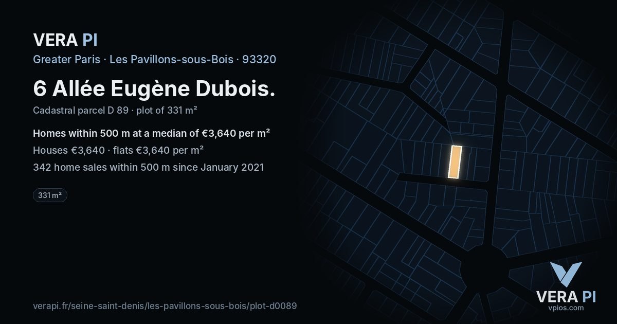 6 Allée Eugène Dubois, Les Pavillons-sous-Bois at night – the plot lit, the parcels around coloured by the prices near them