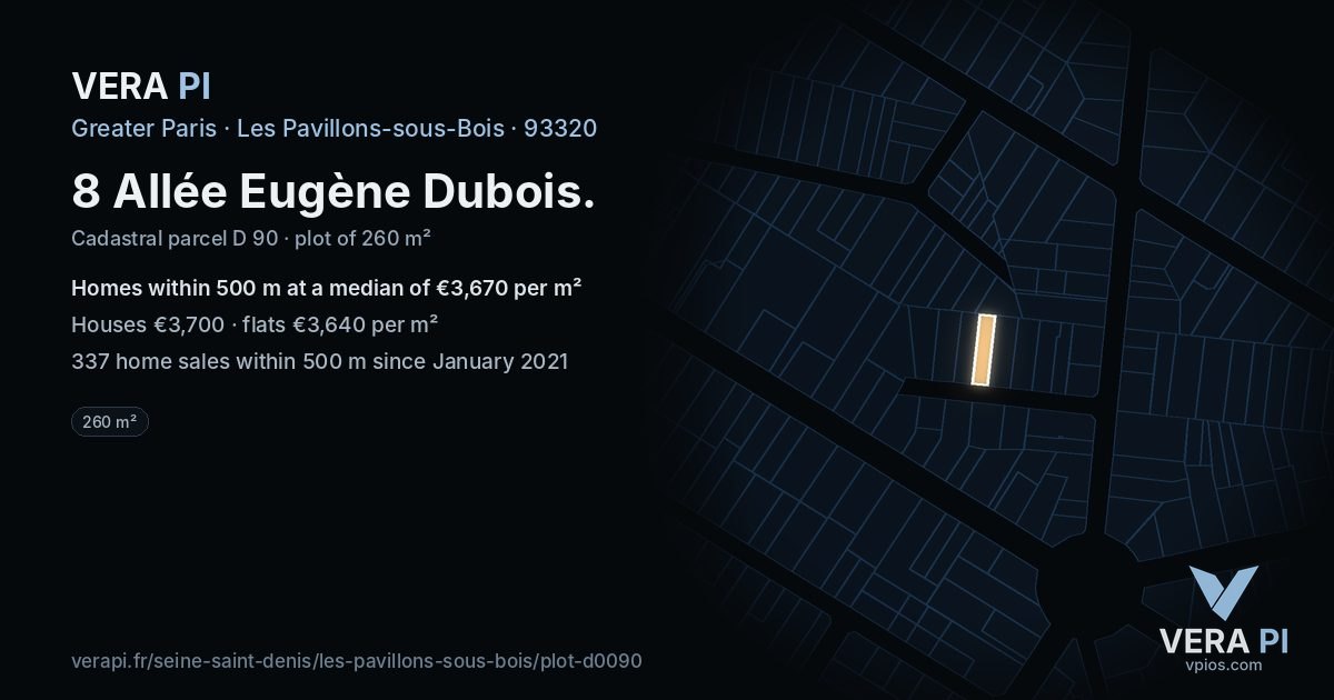 8 Allée Eugène Dubois, Les Pavillons-sous-Bois at night – the plot lit, the parcels around coloured by the prices near them