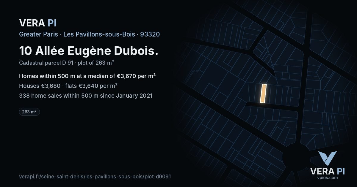 10 Allée Eugène Dubois, Les Pavillons-sous-Bois at night – the plot lit, the parcels around coloured by the prices near them