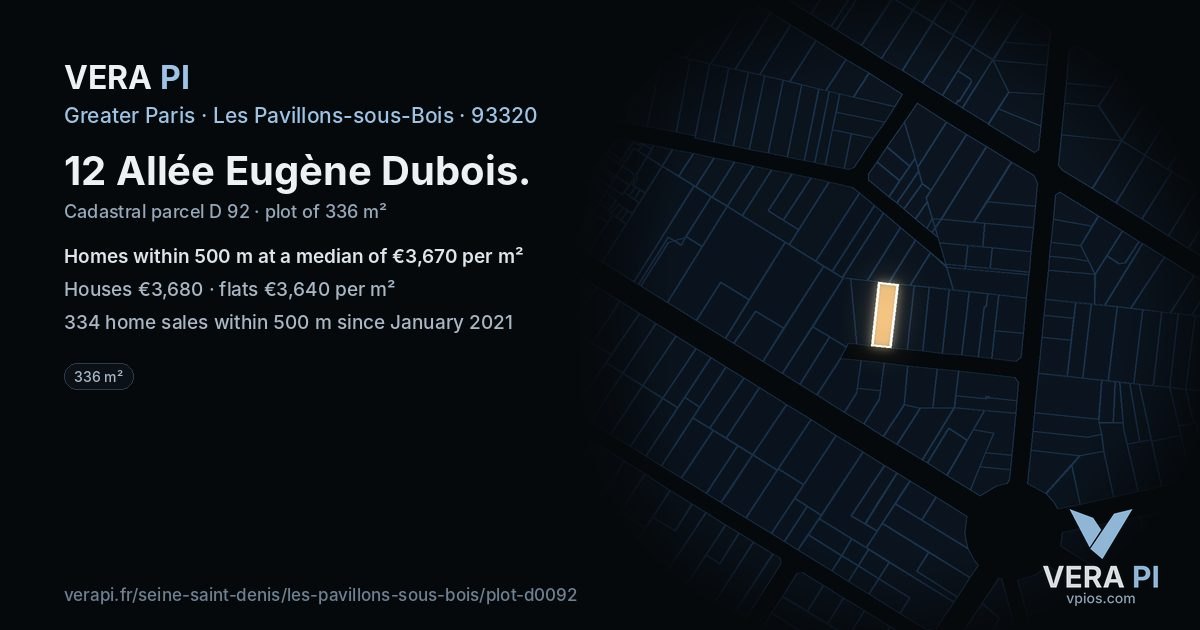 12 Allée Eugène Dubois, Les Pavillons-sous-Bois at night – the plot lit, the parcels around coloured by the prices near them