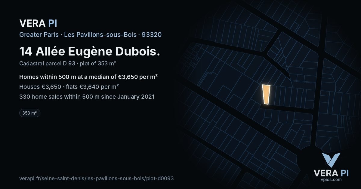 14 Allée Eugène Dubois, Les Pavillons-sous-Bois at night – the plot lit, the parcels around coloured by the prices near them